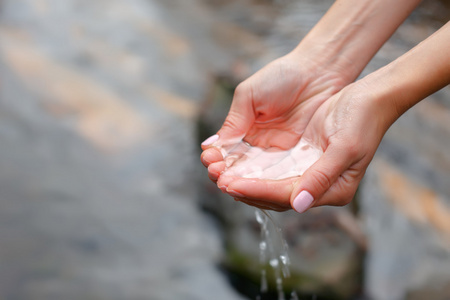 美丽的女子手捧的水从纯粹的春天照片