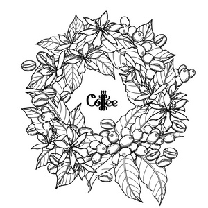 图形的咖啡花圈薰衣草花装饰花圈白色背景, 圆形框架手绘矢量素描草药