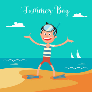 暑假里戴面具潜水的快乐男孩。 向量