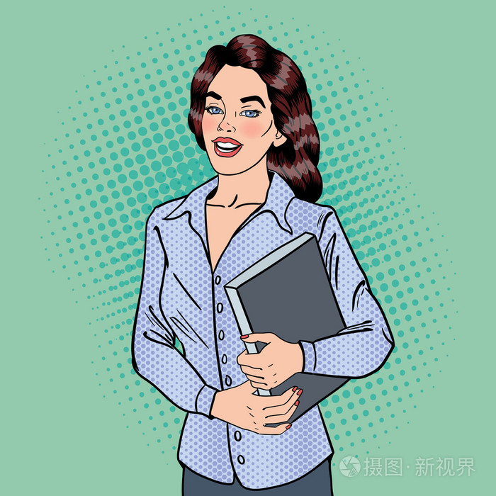 插画 自信的商业女人带着文件. 流行艺术. 矢量插图.eps