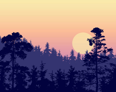在清晨或傍晚紫罗兰色的天空下, 一座茂密的针叶林的矢量插图, 带有红色和黄色的日出具有多层效应和文本空间