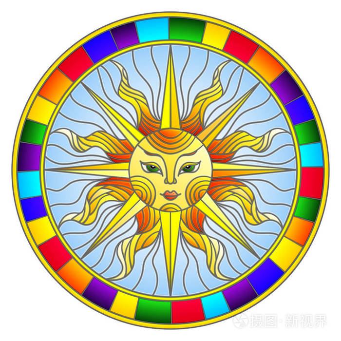 插画风格的彩绘玻璃窗与抽象太阳明亮的框架,圆图像中