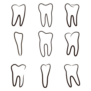 人类牙齿的图标设置为牙科医学临床孤立在白色背景。线性的牙医徽标。矢量