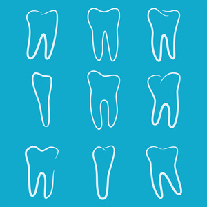 人类牙齿的图标设置为牙科医学临床孤立在蓝色背景。线性的牙医徽标。矢量