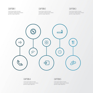 公共图标线风格设置与餐厅, 医药, 电话和其他方向元素。独立的矢量插图公共图标