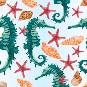 无缝纹理斑驳的贝壳海马和海星海洋生物经典矢量插图可编辑手绘手画