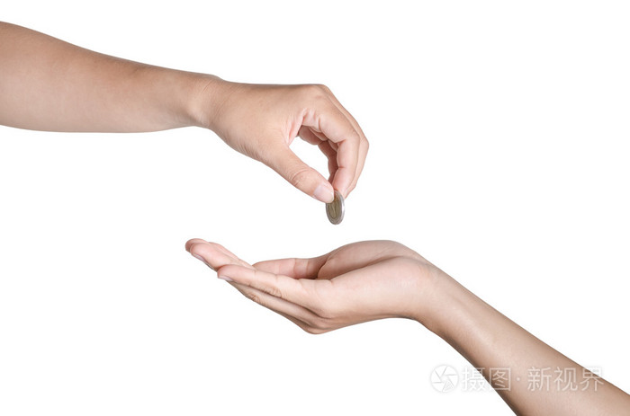 在白色背景上的手给钱