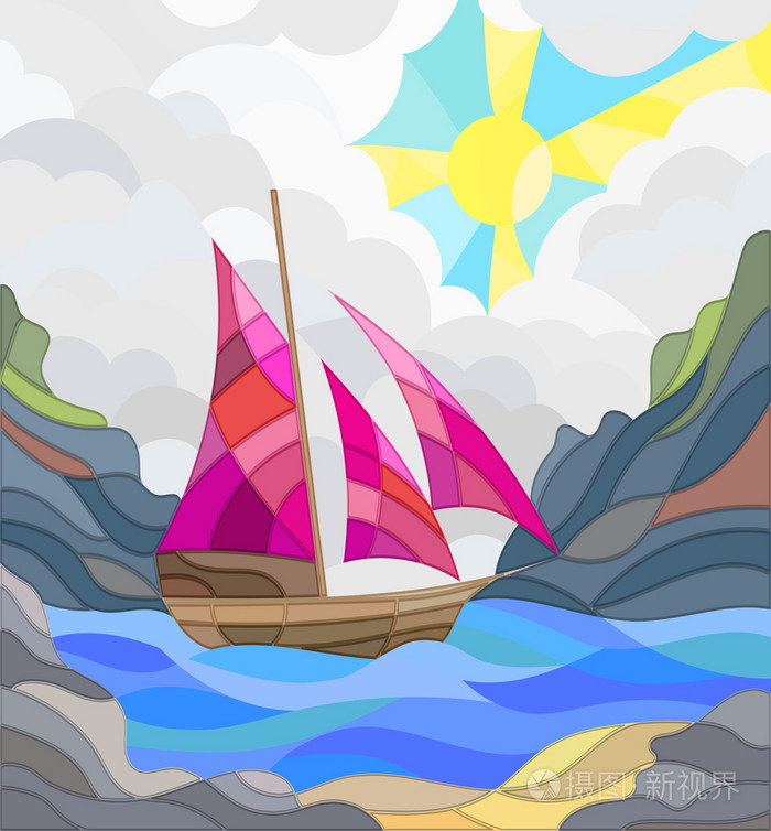 对天空, 大海和日出帆船彩绘玻璃风格的插图