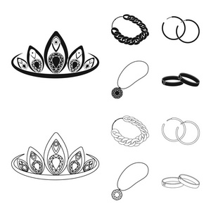 皇冠, 金链, 耳环, 挂饰石。首饰和配件集合图标在黑色, 轮廓样式矢量符号股票插画网站