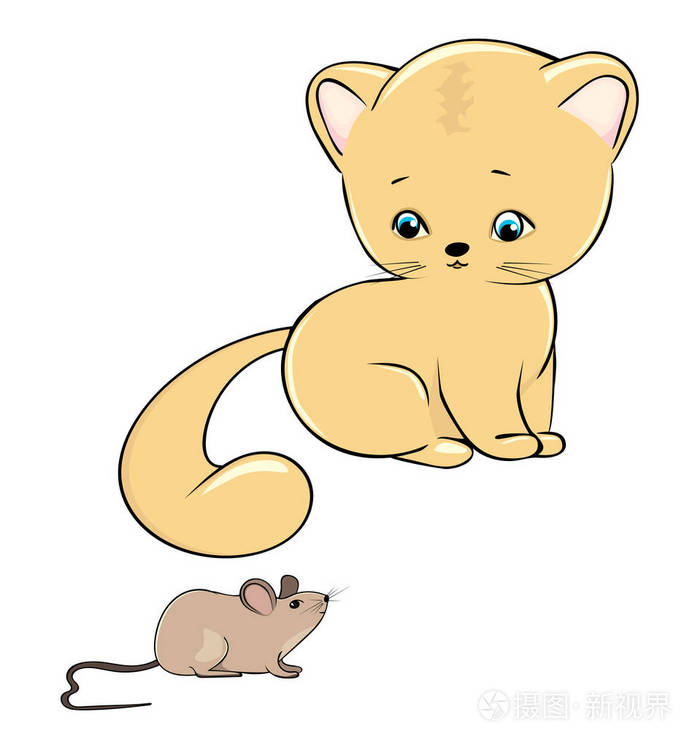 小猫看着老鼠.可爱的小猫.矢量插图