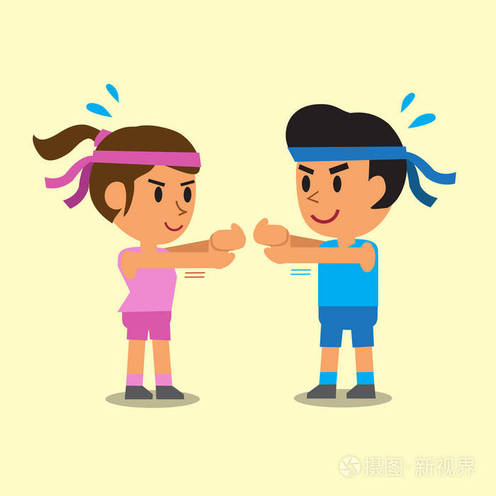 动漫的男人和一个女人做手腕伸展伸展运动