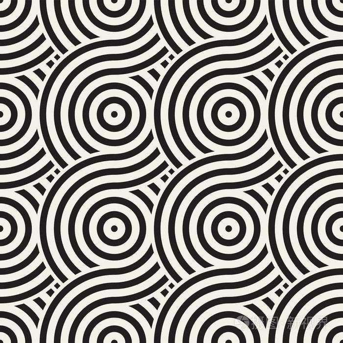 向量与圆和直线组成的无缝几何图案.现代时尚圆形的条纹纹理.