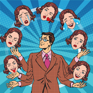 复古男人变戏法的妇女的情绪男人穿着红色的羊毛衬衫和帽子emoji 表情