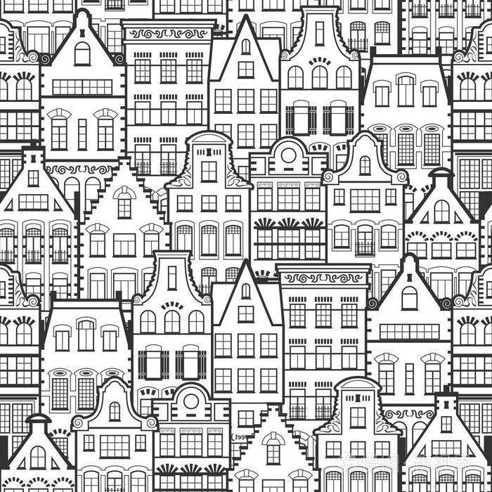 无缝图案的线条样式荷兰老房子