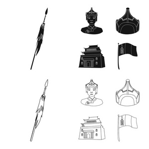 军事矛, 蒙古勇士, 头盔, 建筑。蒙古集图标为黑色, 轮廓样式矢量符号股票插画网