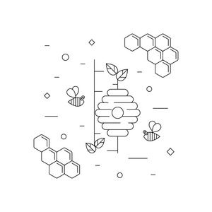 蜜蜂线图标野生蜂蜜, 蜜蜂和蜂巢在树上.线性图标照片