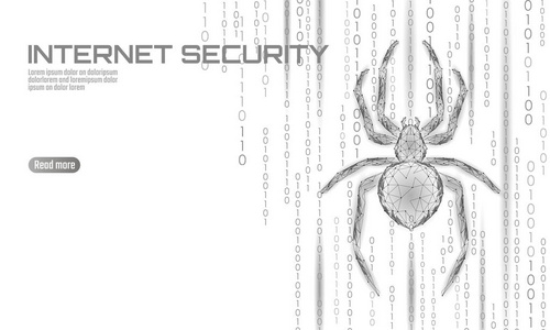低聚蜘蛛黑客攻击危险。网络安全病毒数据安全防病毒的概念。多边形现代设计的经营理念。网络犯罪网虫虫技术矢量插画
