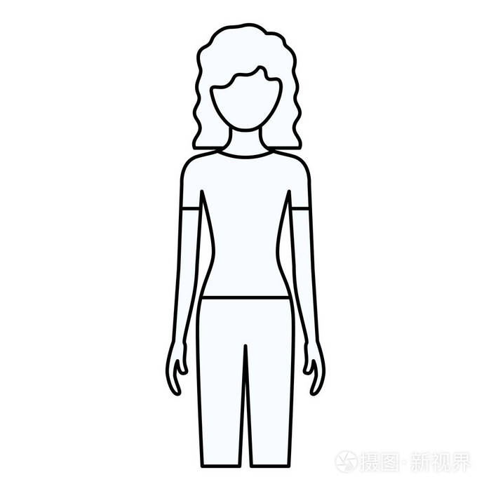 草绘轮廓不露面的前视图女人的裤子,卷曲的头发