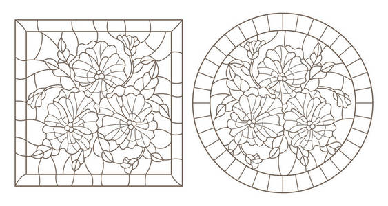 一组 pansys 彩色玻璃窗的轮廓图, 白色背景上的深色轮廓, 圆形和长方形图像