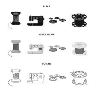线卷筒缝纫机绕线机pugwitz 等设备。缝纫和设备集合图标黑色, 单色, 轮廓样式矢量符号股票插图