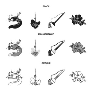 龙与胡须, 首尔塔, 民族乐器, 芙蓉花。韩国集合图标黑色, 单色, 轮廓样式矢量符号股票插画网站