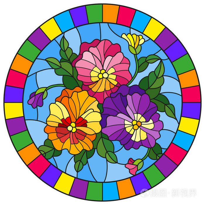 彩绘玻璃风格插图在蓝色背景的花紫罗兰在明亮的框架 圆的图像插画