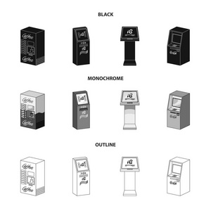 咖啡机, Atm, 信息终端。终端集图标黑色, 单色, 轮廓样式等距矢量符号股票插画网站