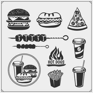 快餐食品和烧烤烧烤标签，标志和设计元素。汉堡包 比萨饼 热狗和薯条