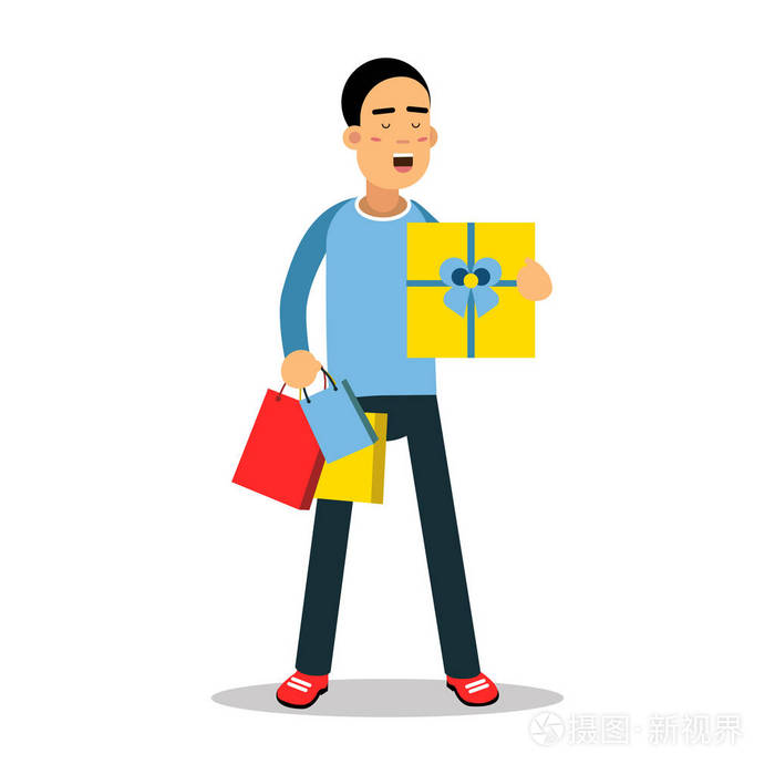 年轻男子站在一起黄色礼品盒和购买卡通人物矢量图