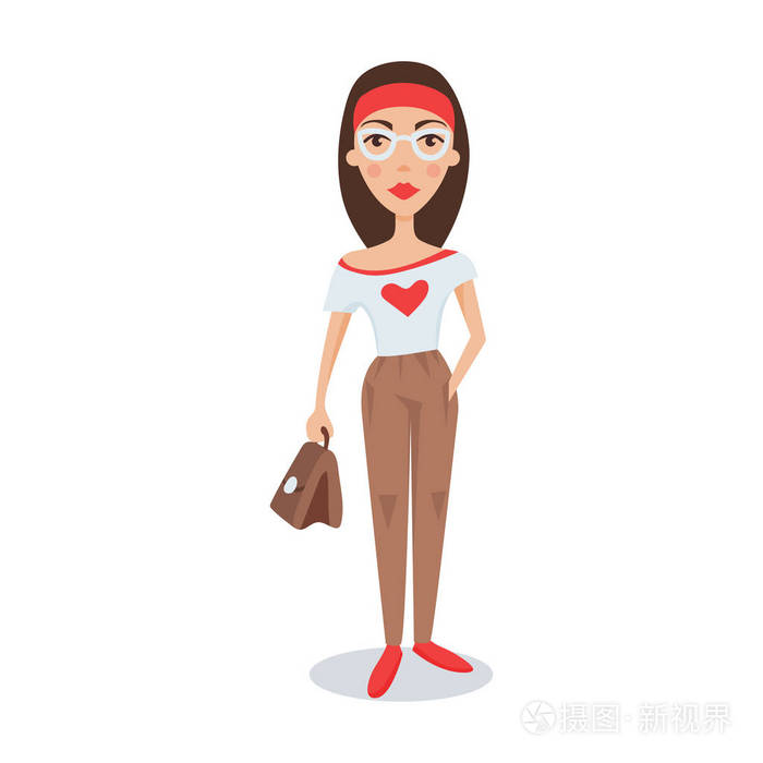 美丽的女孩在时髦的衣服,站在一起袋卡通人物矢量图