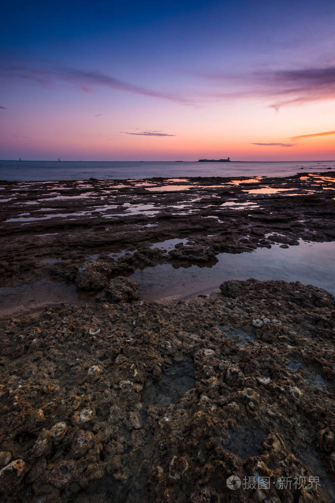 上海滩的 Santci Petri，史泰拉，西班牙加的斯的日落