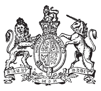 英国的徽章英国徽章有狮子和独角兽, 复古线图画或雕刻例证照片
