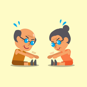 卡通老人和高级女人做坐在脚趾触摸运动照片