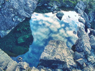 蓝色的河水在小径上被称为仙女池。山上的河流在松软的岩石中切开五颜六色的水池。苏格兰斯凯岛上 Glenbrittle 山的波纹管