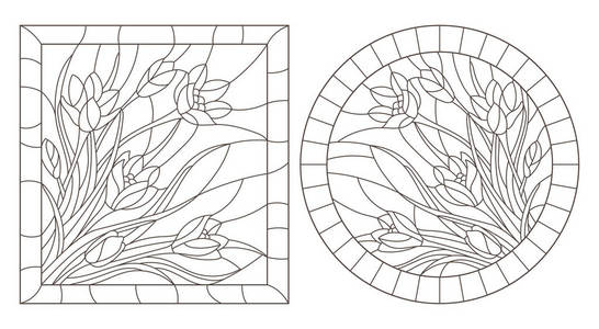 一组彩色玻璃窗的轮廓图, 上面有番红花的框架, 白色背景上的深色轮廓, 圆形和长方形的图像