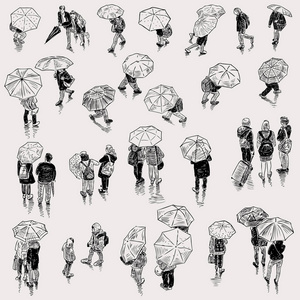城市居民在阴雨的天气的草图图片