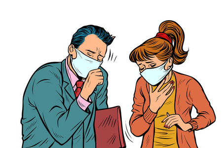 男人和女人在面具, 肮脏的空气, 疾病感染