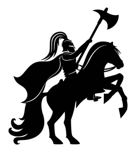 战士骑马在村庄骑马的盔甲的卡通战士明亮的彩色的插图中时尚平面样式