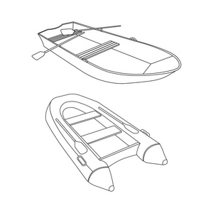 筏板与船的平面图标。轮廓矢量图
