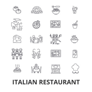 意大利餐厅 厨房 意大利面条 海洋食品 烹饪线图标。可编辑的笔画。平面设计矢量图符号的概念。线性孤立的迹象
