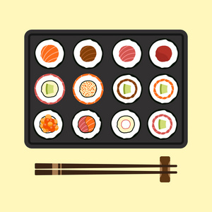集的寿司卷日本料理平面设计矢量图