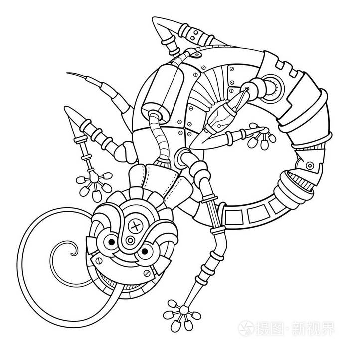 在白色背景上的孤立蜥蜴.蒸汽朋克