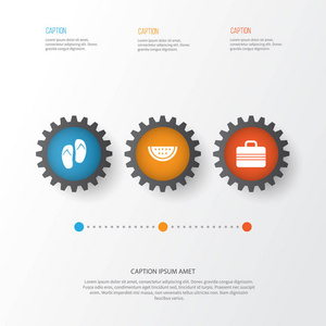 季节图标设置。沙滩凉鞋，甜瓜，行李元素的集合。此外包括柑橘 翻转 行李等符号