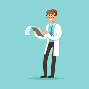 微笑的医生字符站和阅读医学笔记矢量图照片