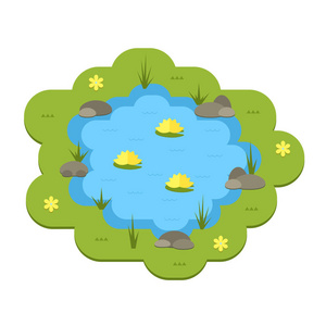 卡通矢量花园池塘插画与水 植物和动物照片