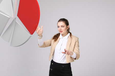 女人显示饼图 圆图。业务分析概念