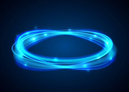 矢量神奇的蓝色圆圈。发光的火环跟踪，在黑色背景上。椭圆线与放飞波光粼粼闪光的灯