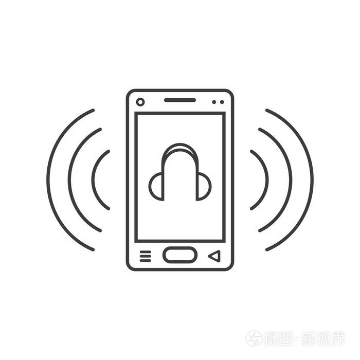 黑白线艺术铃声与耳机符号和信号波的智能手机图标