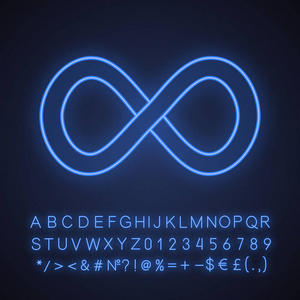 无限标志霓虹灯图标。Lemniscate。无尽。带有字母数字和符号的发光符号。矢量隔离插图
