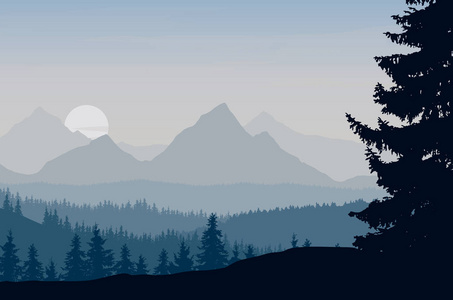 矢量图的山风景用早上初升的太阳与云的蓝灰色天空下的森林